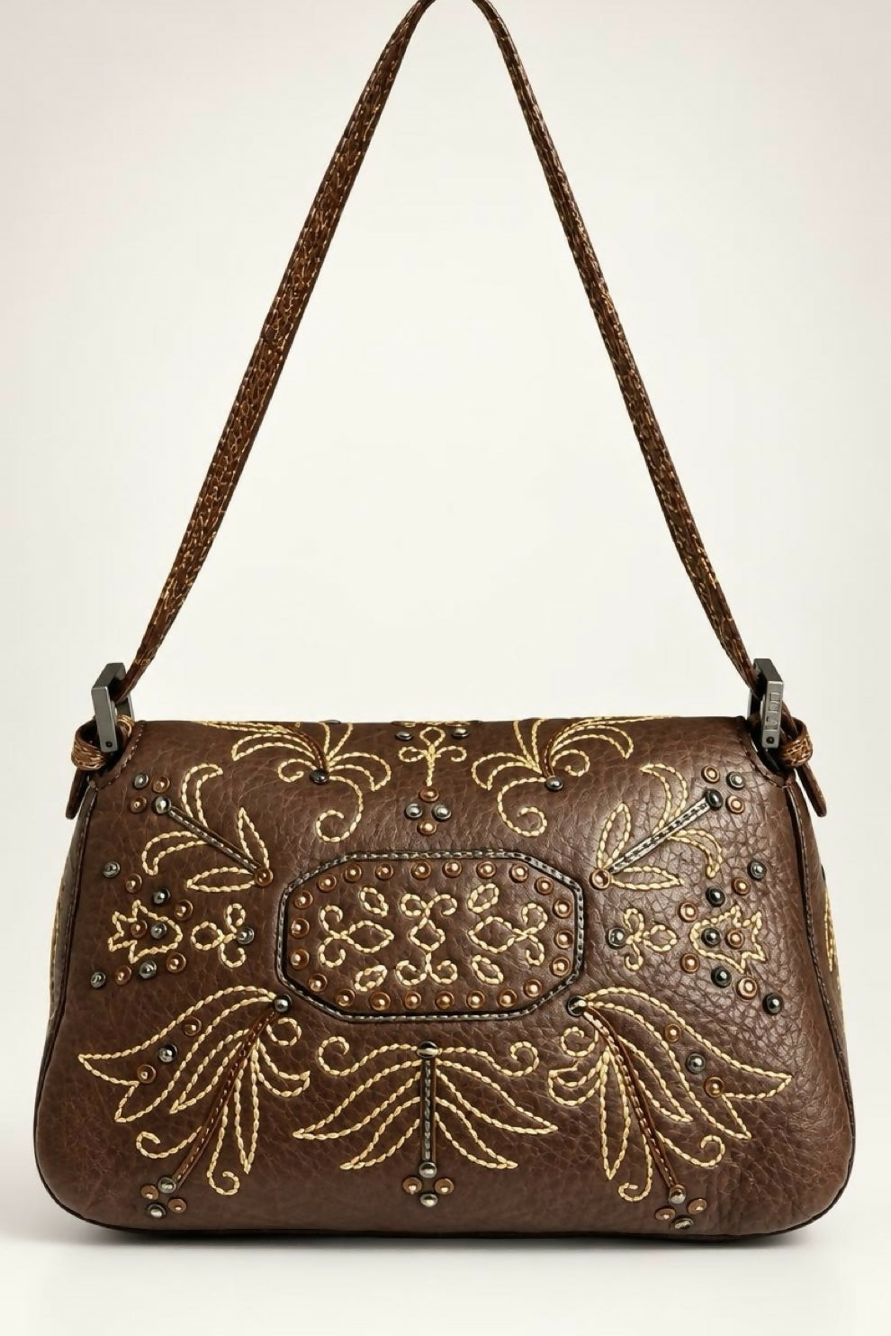 Fendi Limited Edition Dark Brown Leather Lizard Embroidered Mini Mamma Baguette Bag