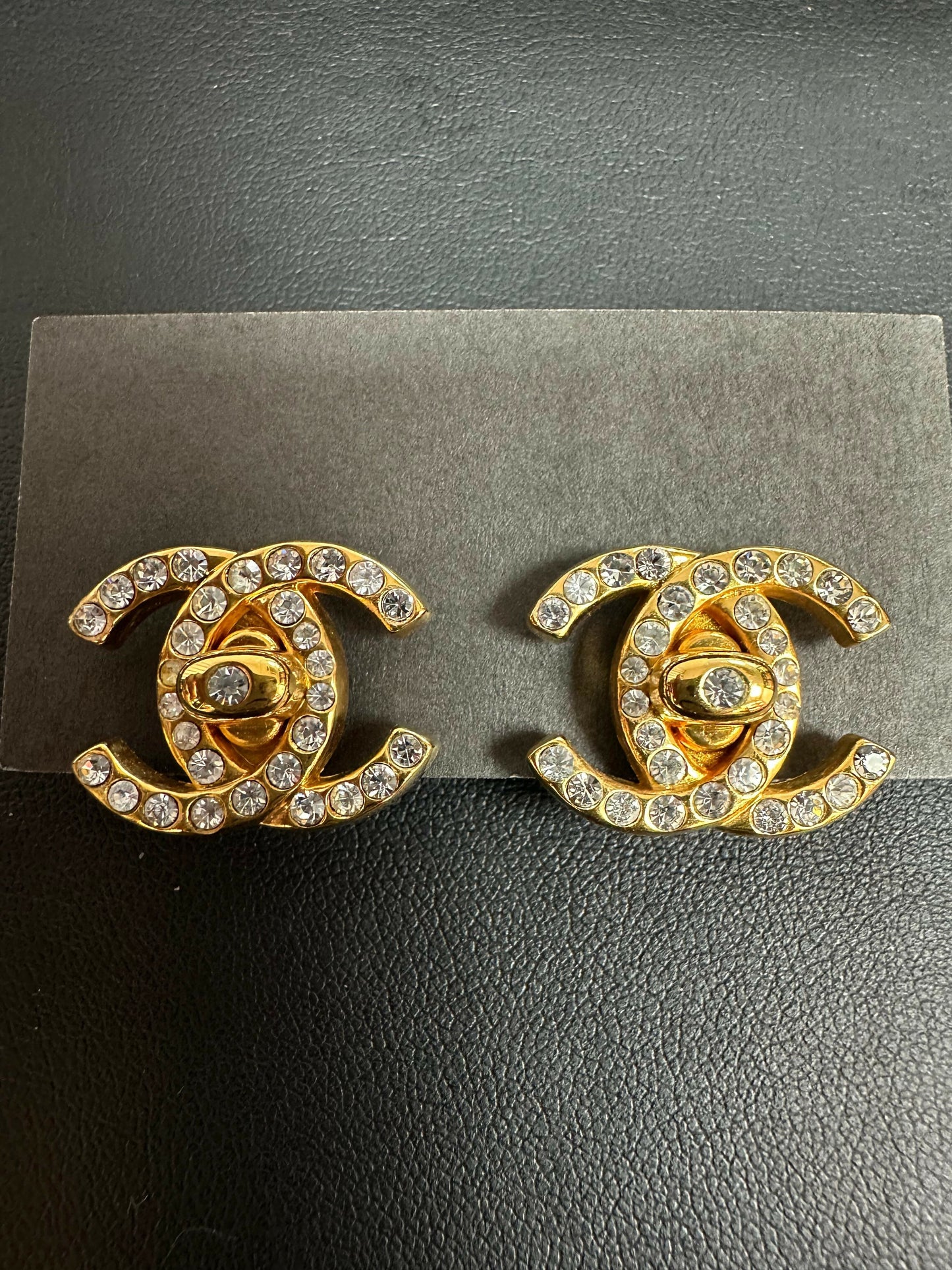 Chanel Vintage 96A Rhinestone & Gold-plated Backpack Buckle CC Clip-on Earrings