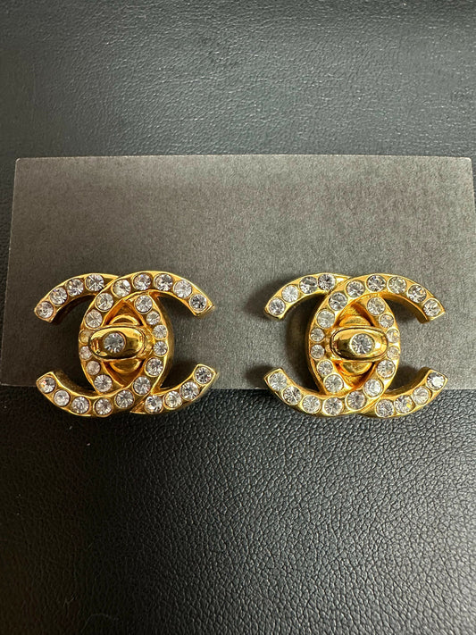Chanel Vintage 96A Rhinestone & Gold-plated Backpack Buckle CC Clip-on Earrings