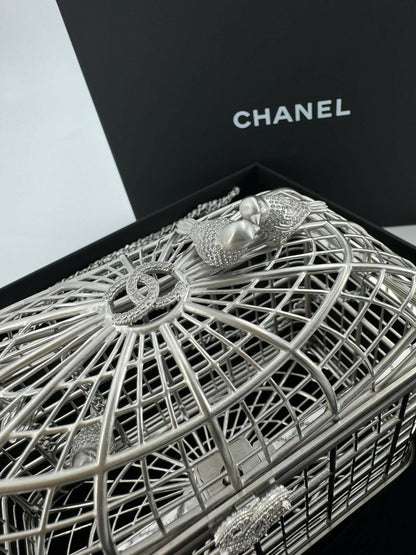 Chanel 2025 Rhinestone and Metal Embellishments Sliver Birdcage Minaudière Bag
