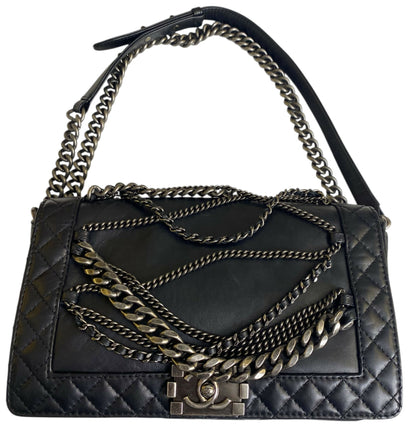 Chanel 13A Enchained Boy Bag Black Leather Old Medium Flap Bag