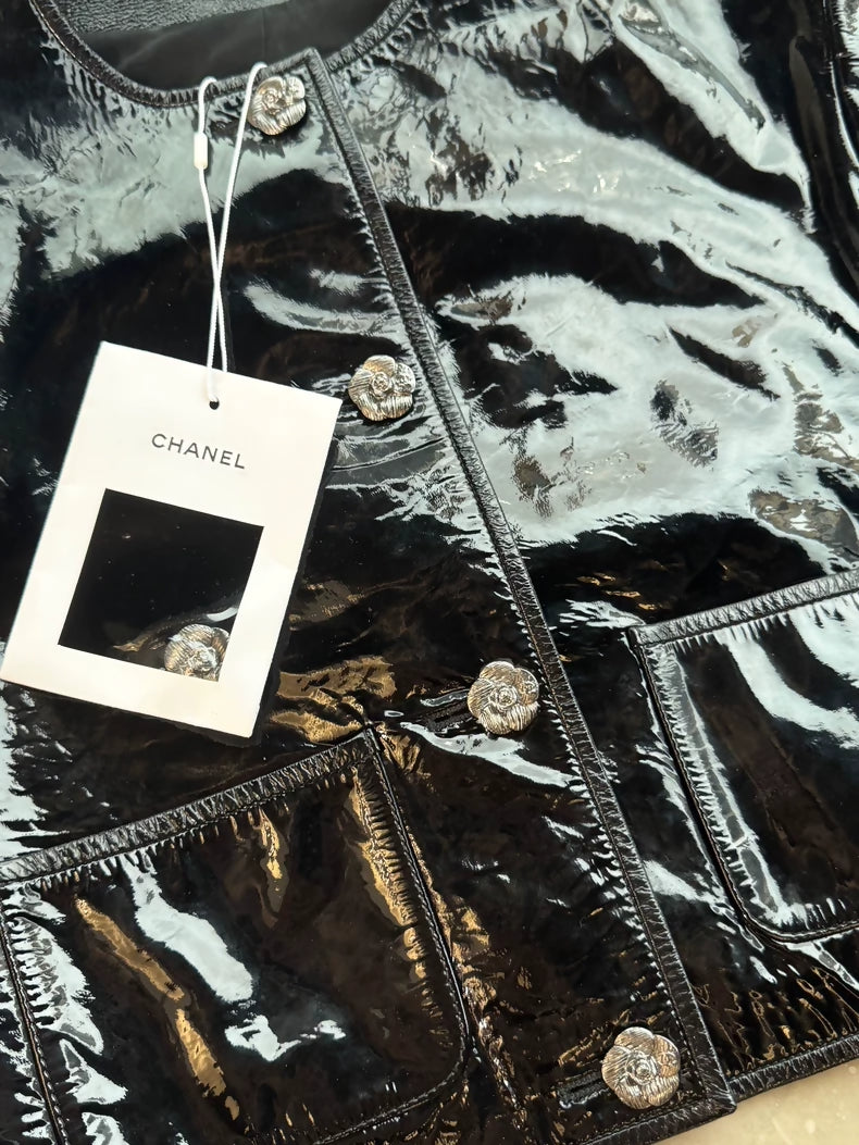 Chanel 23K Camellia Button Patent Leather Black Jacket