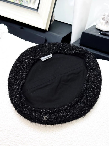 Chanel 21B black beret with silver shimmer and double C logo
