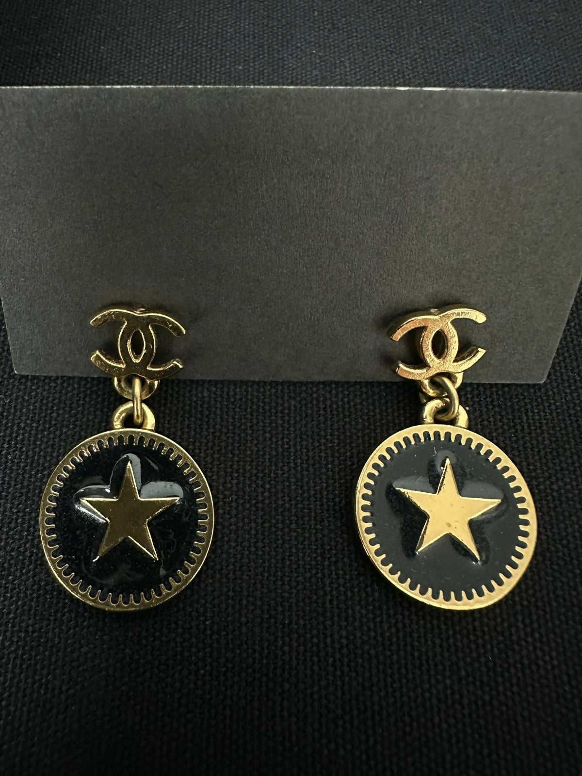 Chanel Vintage 01P Metal Black Star Dangle Earrings