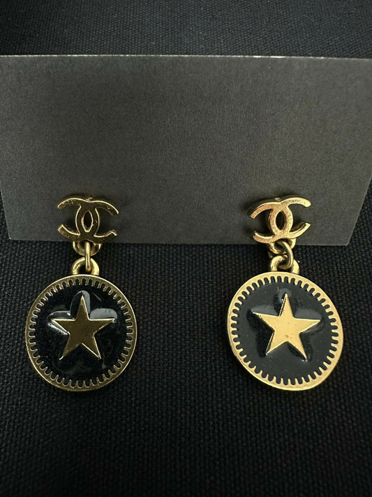 Chanel Vintage 01P Metal Black Star Dangle Earrings