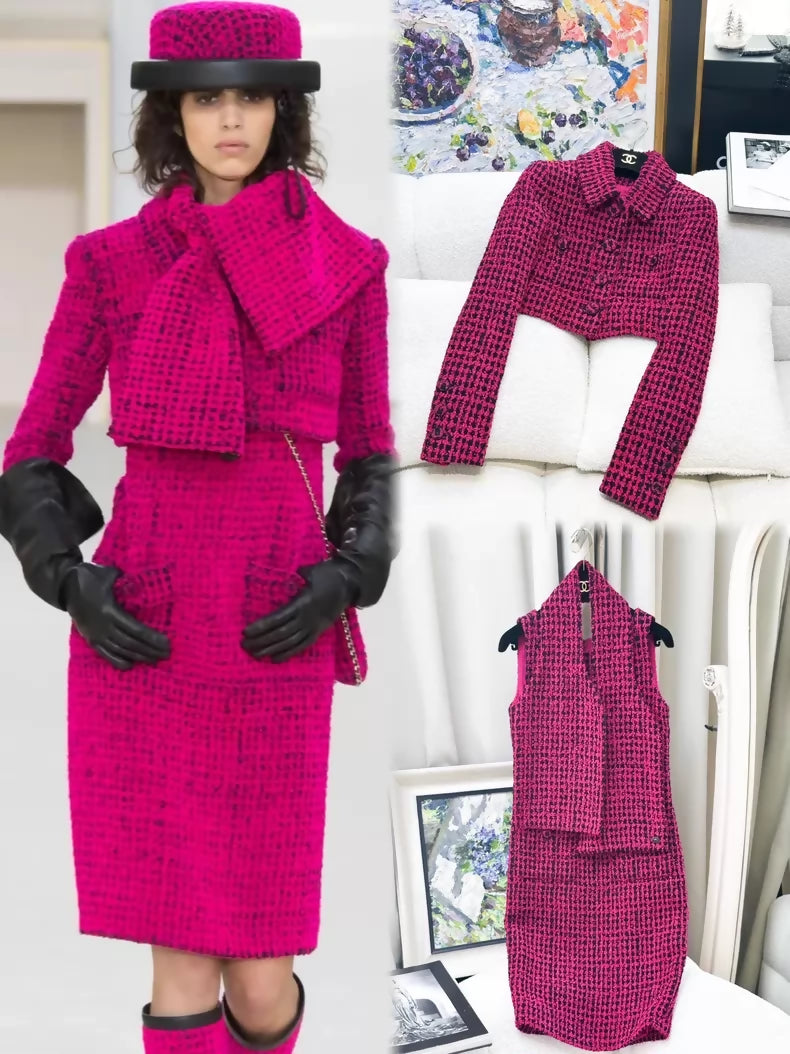 Chanel 16k Pink and Black Tweed Dress + Jacket + Shawl
