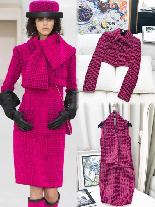 Chanel 16k Pink and Black Tweed Dress + Jacket + Shawl