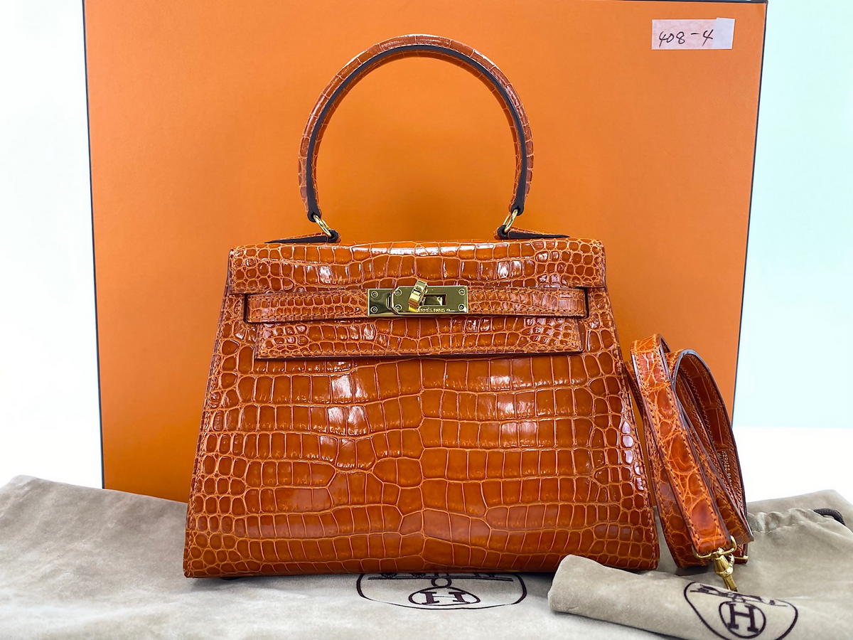 Hermès Mini Kelly I Orange Porosus Crocodile Lisse with Gold Hardware