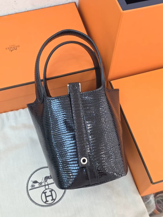 Hermès Mini Picotin 14 black lizard leather palladium hardware