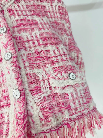 Chanel 24P pink and white tweed fringed jacket