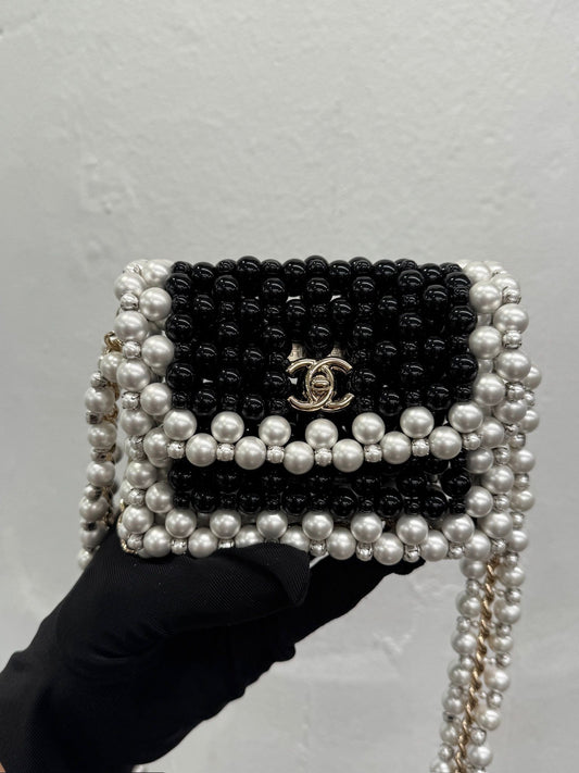 CHANEL 22S BLACK & WHITE FAUX PEARLS MINI FLAP EVENING BAG