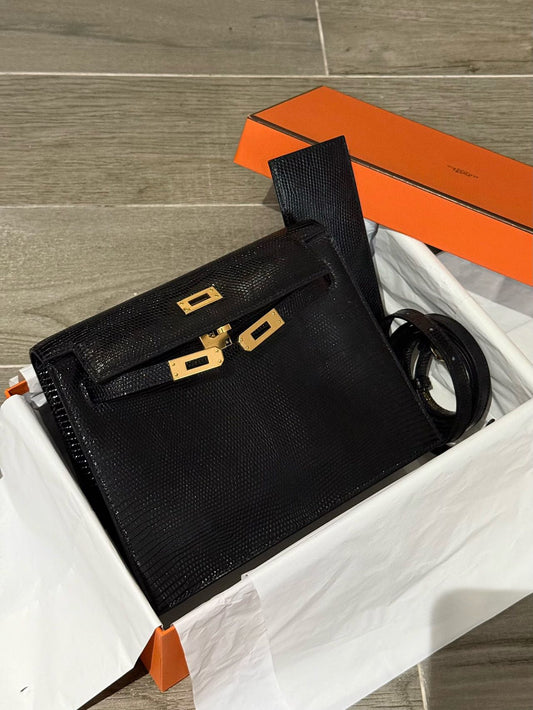 Hermes Kelly danse black lizard leather gold hardware