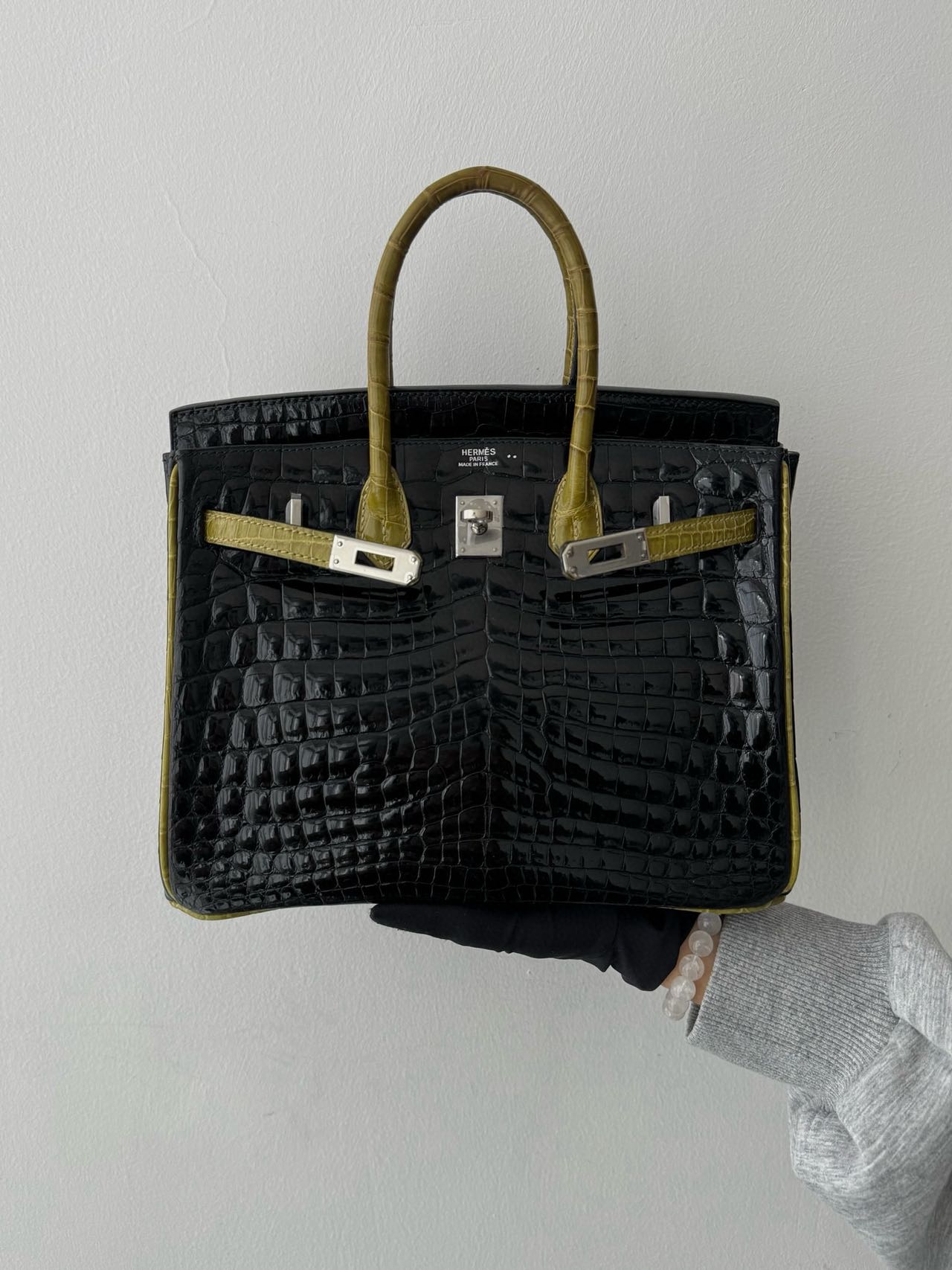 Hermès Birkin 30 black & Green shiny crocodile leather palladium hardware