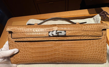 Hermès Kelly cut gold matte crocodile leather palladium hardware