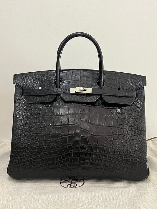 Hermes Birkin 40 Black matte crocodile leather palladium hardware