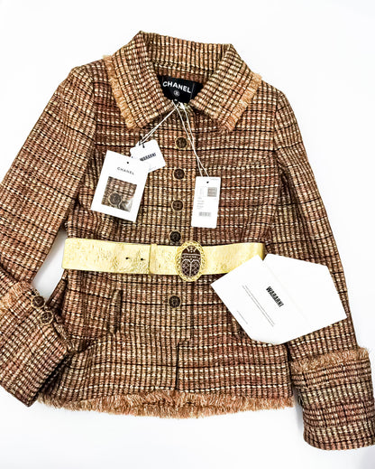 Chanel 19A Gold/Red/Black Tweed Jacket with Golden Beetle Belt