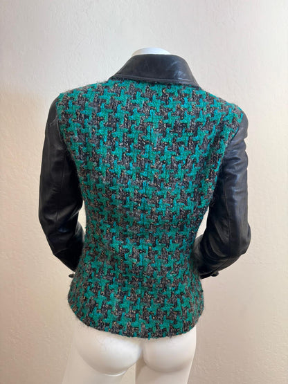 Rare Chanel Vintage 1992 Houndstooth Tweed Leather Jacket. Size 34