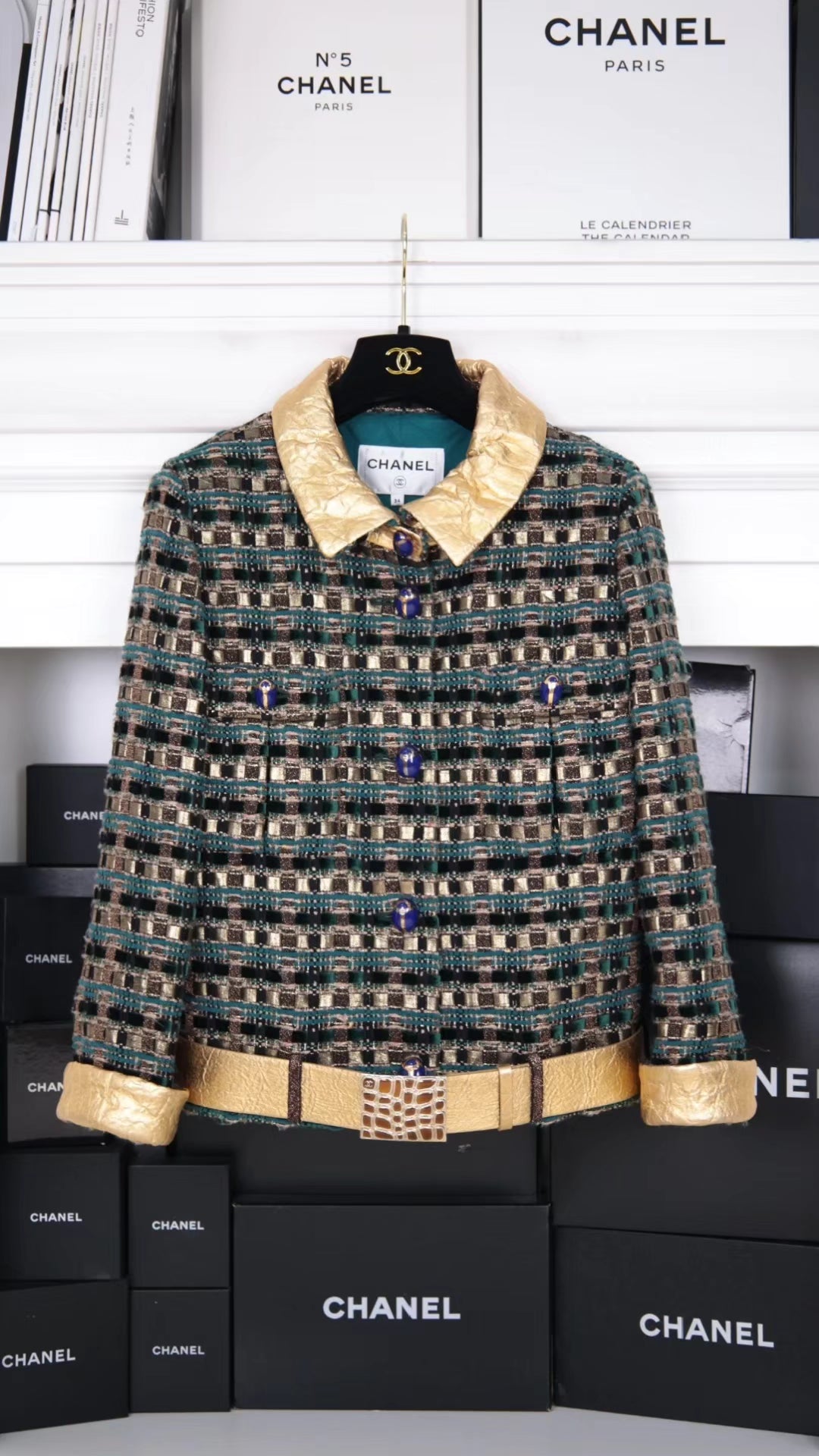 Chanel 19A gold blue tweed jacket with belt