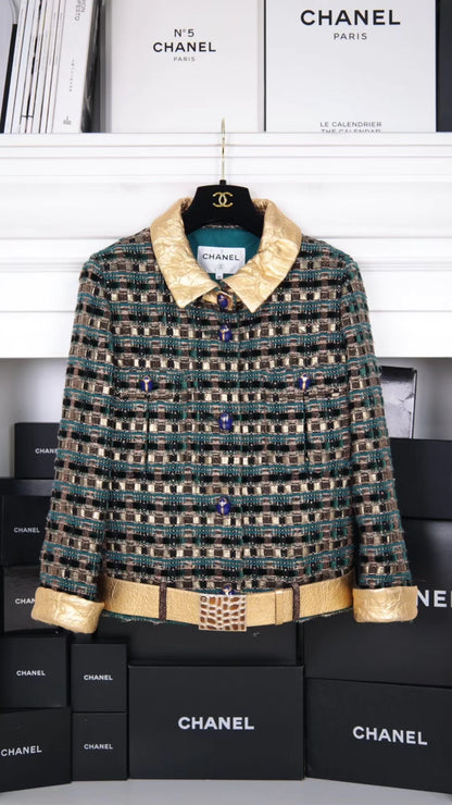 Chanel 19A gold blue tweed jacket with belt
