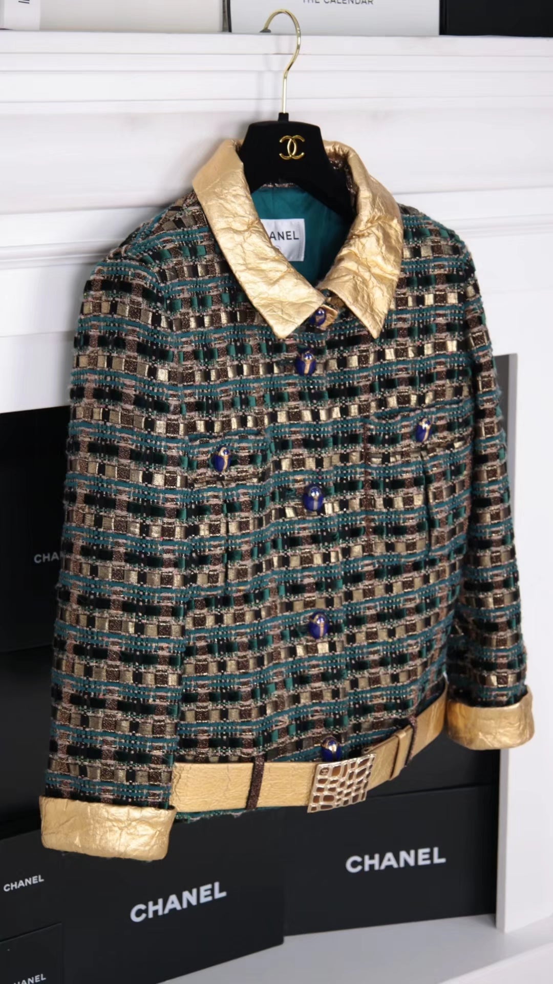 Chanel 19A gold blue tweed jacket with belt