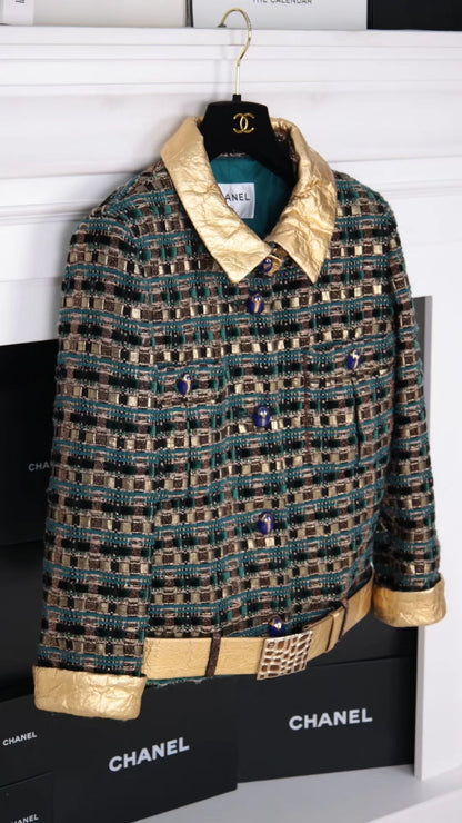 Chanel 19A gold blue tweed jacket with belt