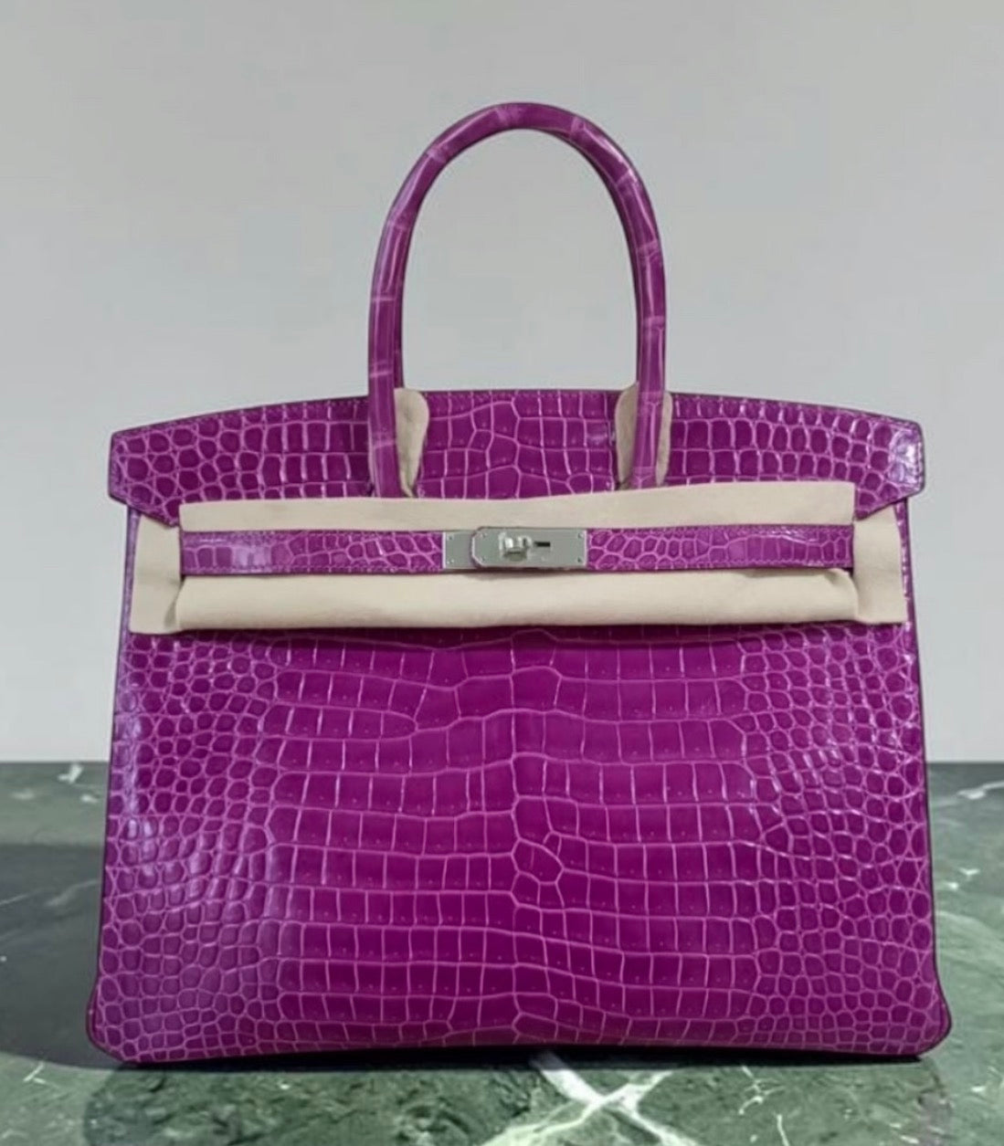 Hermes Birkin 35 UltraViolet Shiny Porosus crocodile leather palladium hardware