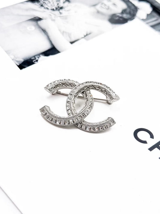 Chanel 23P silver brooch with full diamond embossing