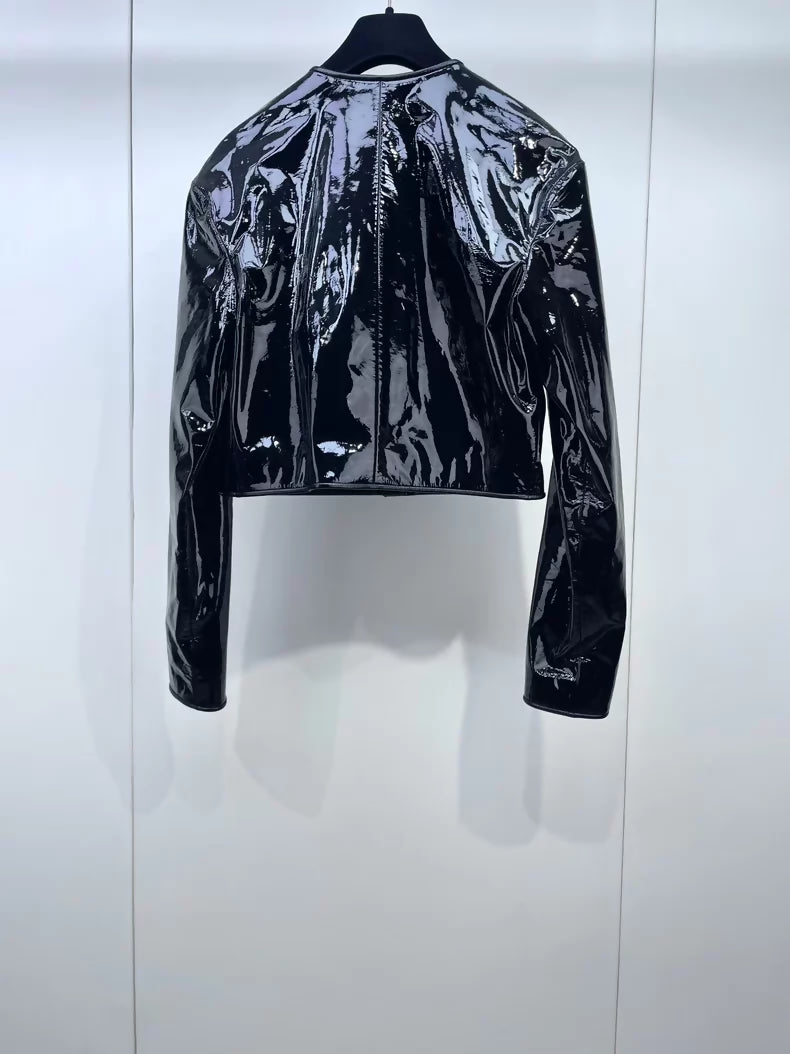 Chanel 23K black patent leather camellia jacket