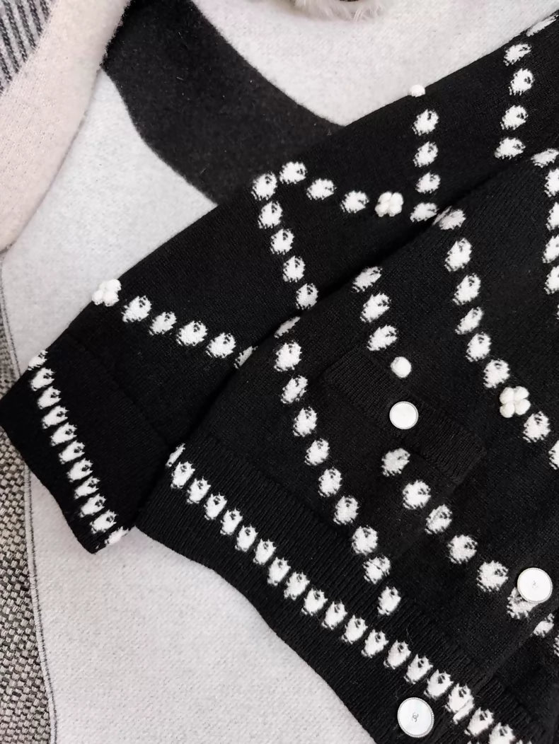 Chanel 25P black and white pearl print cardigan