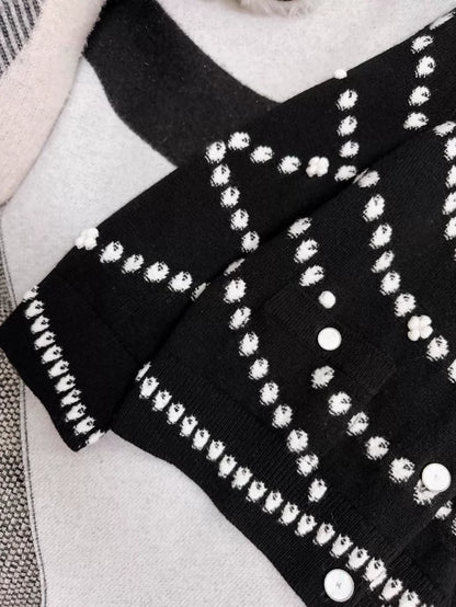 Chanel 25P black and white pearl print cardigan