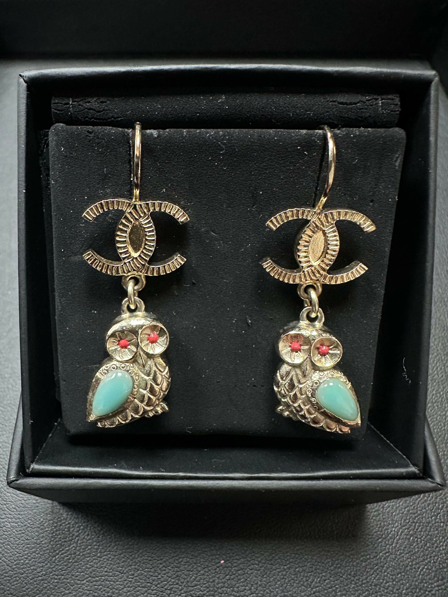 Chanel 18C Metal Owl CC Logo Pendant Hoop Stud Earrings