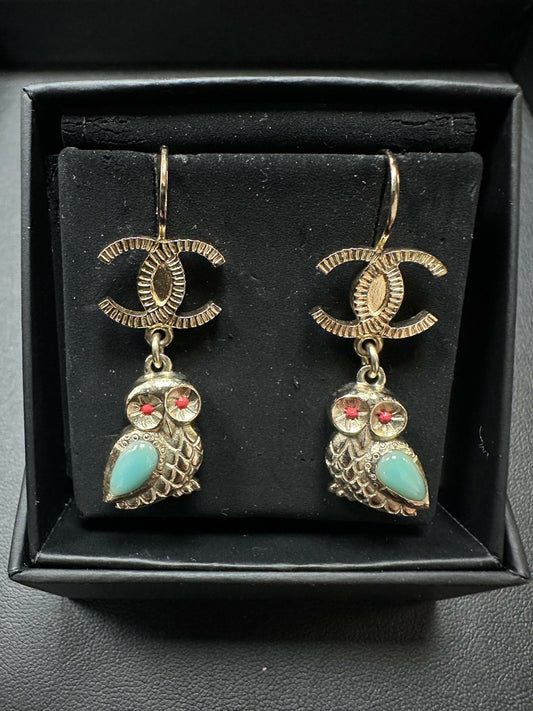 Chanel 18C Metal Owl CC Logo Pendant Hoop Stud Earrings