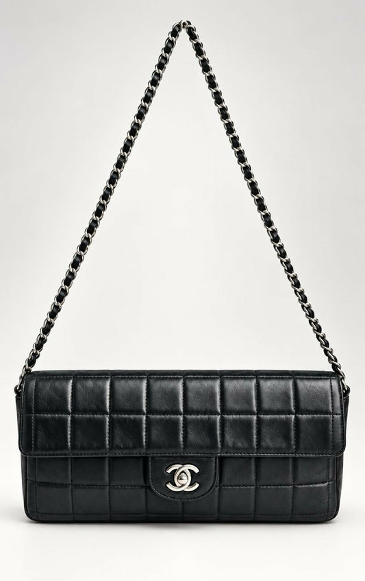 Chanel Black Lambskin East West Chocolate Bar Flap SHW