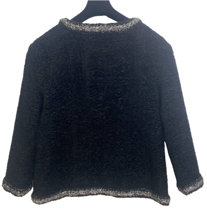 Chanel 14A Runway Supermarket Collection Black Boucle Silver Metallic Braided Trim Jacket 42