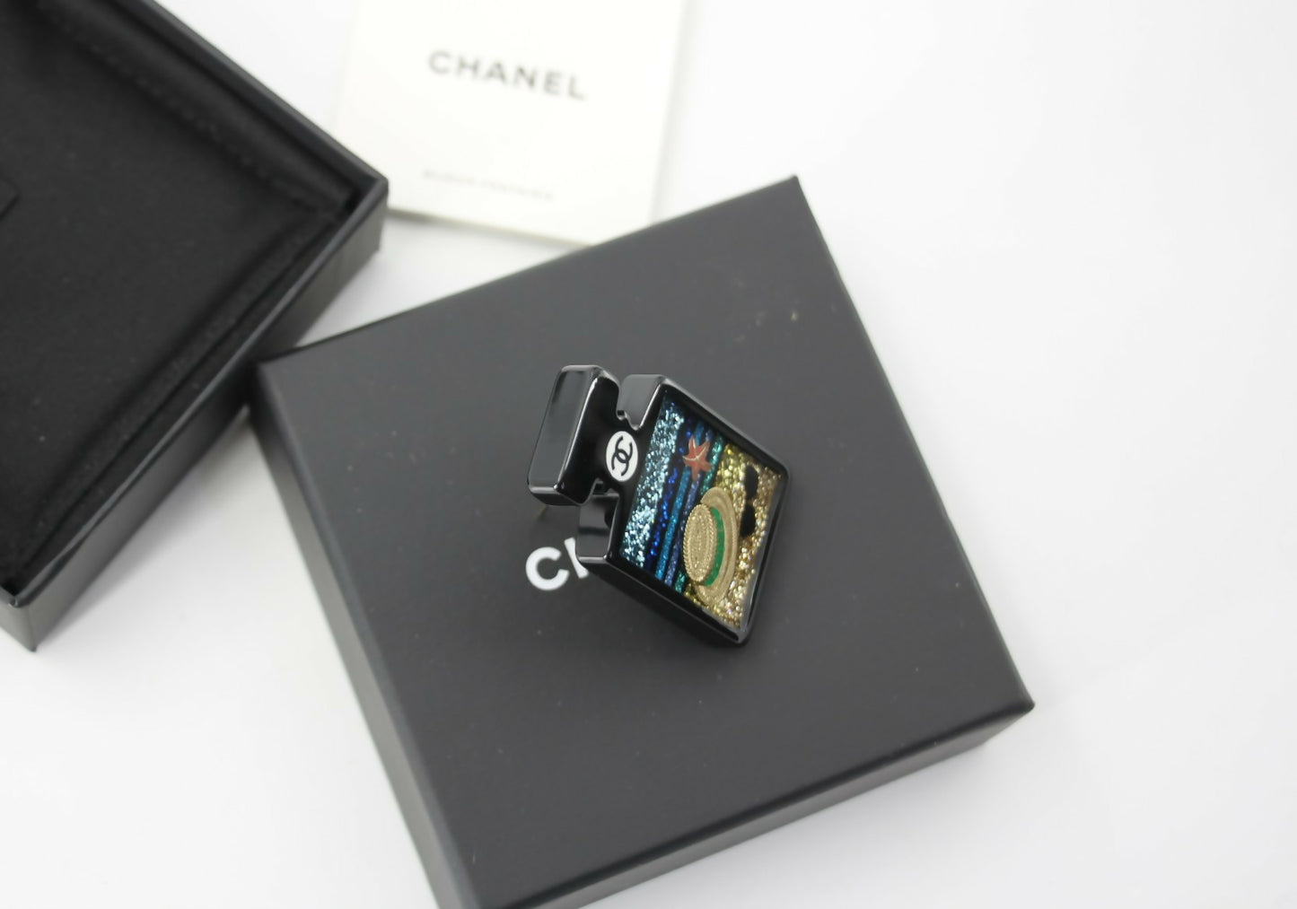 Chanel 18S Resin Beach Black Perfume Bottle Brooch