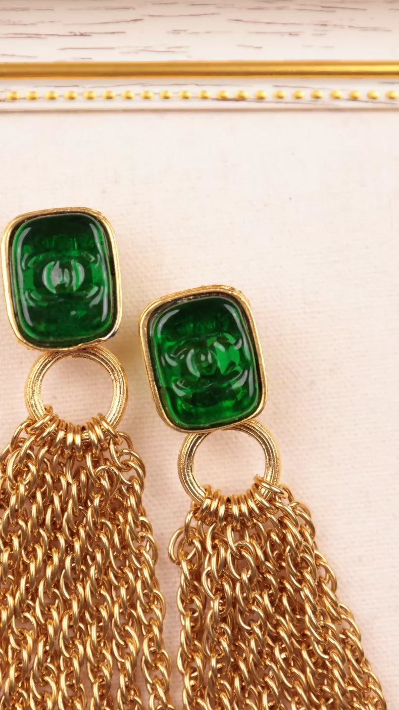 Chanel 1993 Green Glass Tassel Earrings