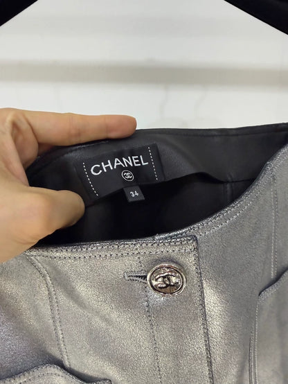 Chanel 24B silver lambskin midi skirt