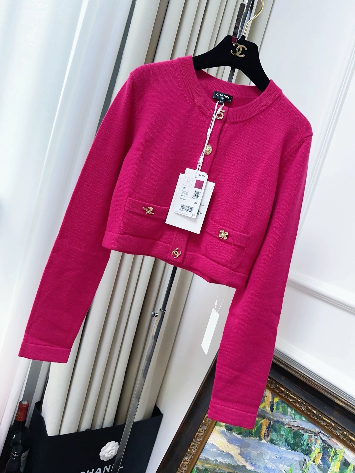 Chanel 22b rose red cashmere cardigan