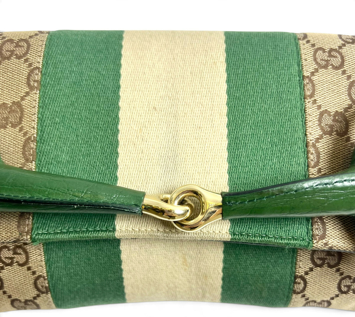Gucci Large 1955 Tom Ford Classic Green Ivory GG Monogram Horsebit Clutch Handbag Gold hardware