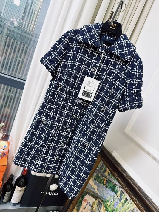 Chanel 23B Navy Blue Check Tweed Dress
