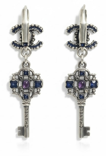 Chanel 17A Ritz Cosmopolite CC Key Dangle Drop Silver Pierced Earrings