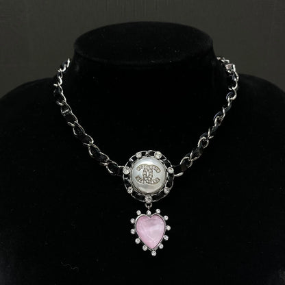 Chanel 21A pink heart leather chain rhinestone necklace