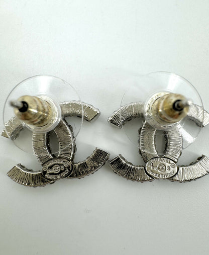 Chanel B18S Rhinestone Classic Silver CC Stud Earrings