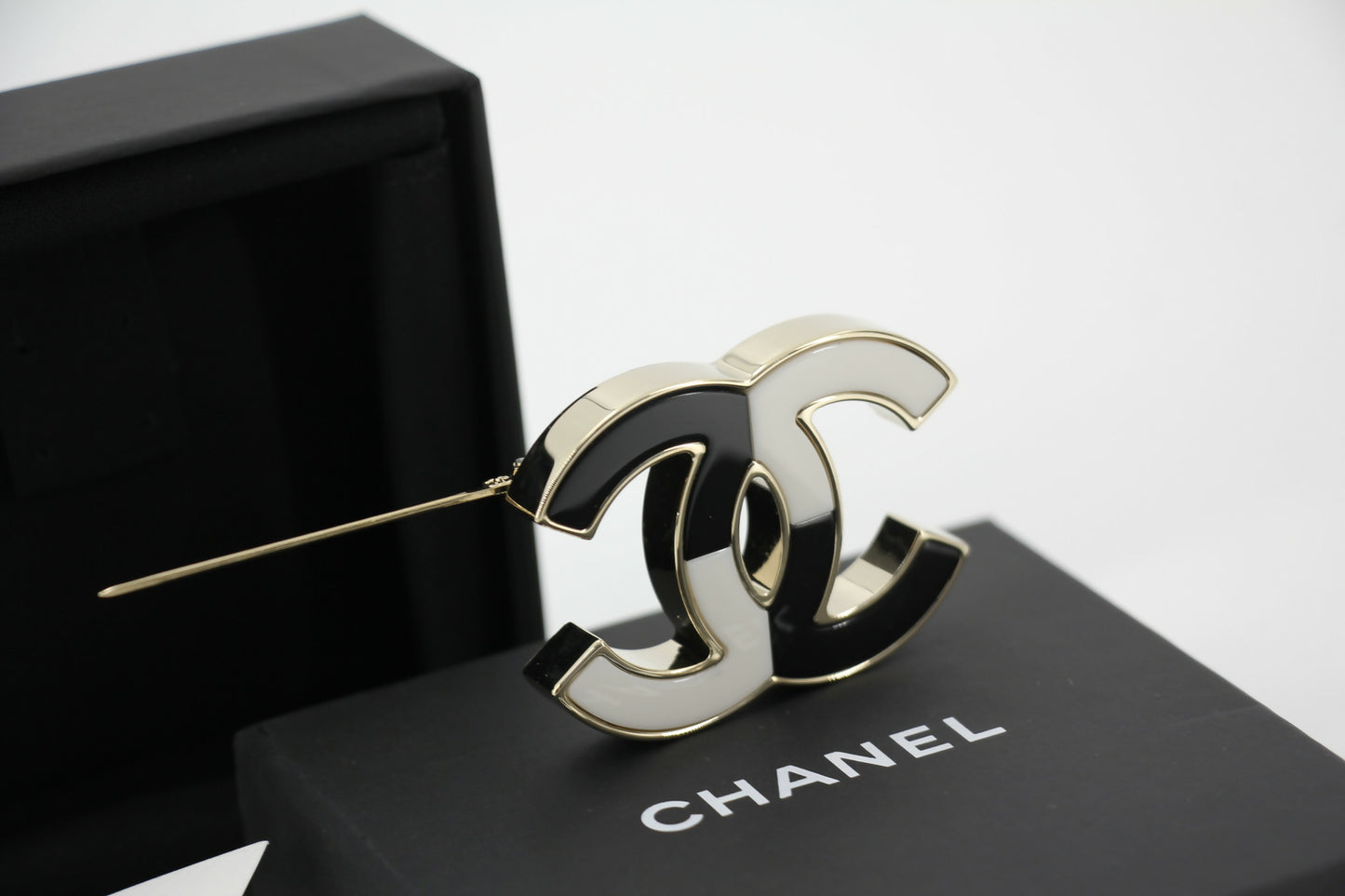 Chanel B23C Enamel Black and White Two-Tone CC Brooch