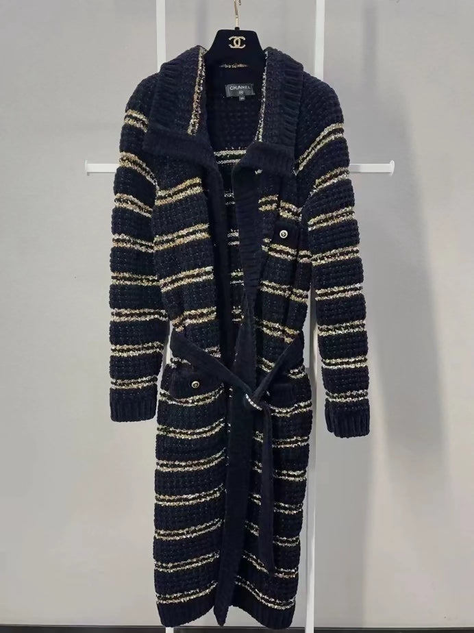 Chanel 20P Black and Gold Long Coat with Belt