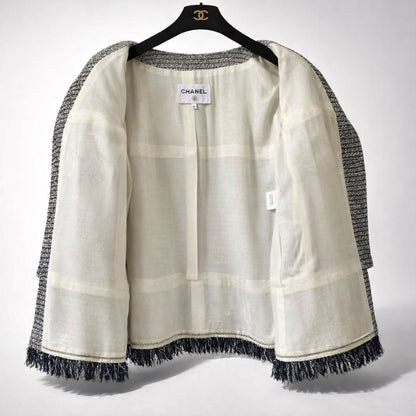 Chanel 18P Black White Ecru Boucle Tweed Fringe Jacket FR 44