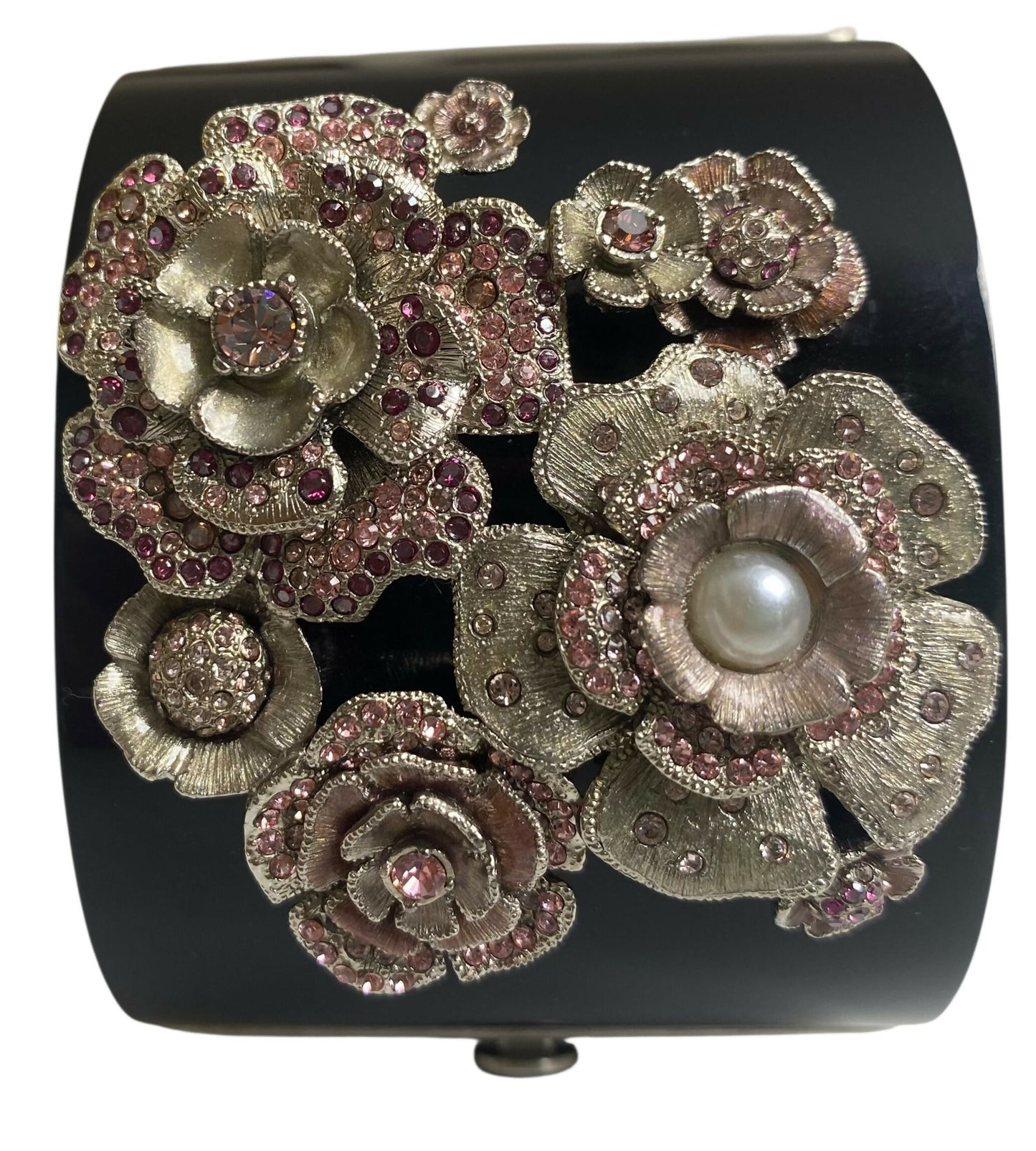 Rare Chanel 12P Black Pink Crystals Camellia Flower Double Sided CC Cuff Bracelet