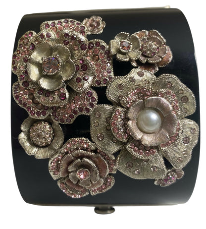 Rare Chanel 12P Black Pink Crystals Camellia Flower Double Sided CC Cuff Bracelet