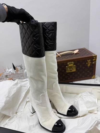 Chanel black and white quilted leather velvet high-heeled knee-high boots