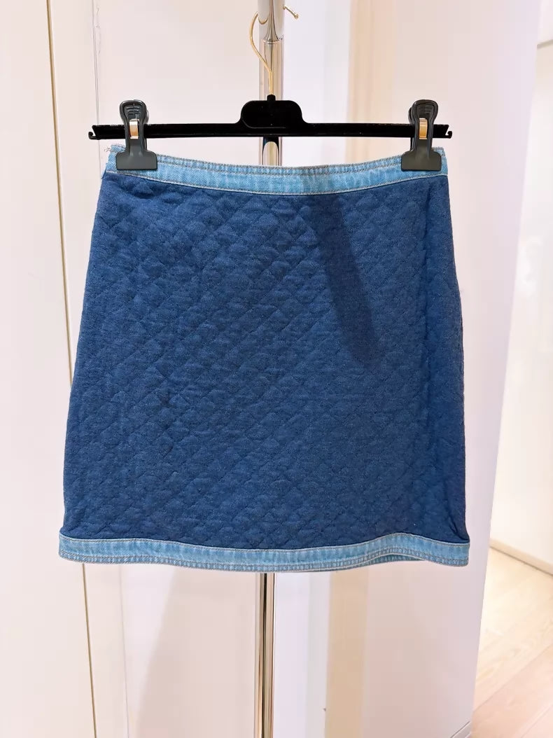 Chanel 20P Rhinestone-Buttoned Diamond Quilted Denim Skirt